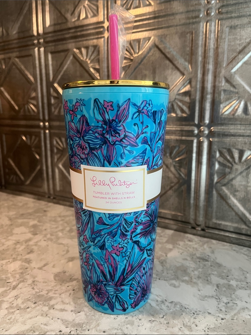Lilly Pulitzer: Turquoise Blue Floral Tumbler (Shells N Bells pattern)